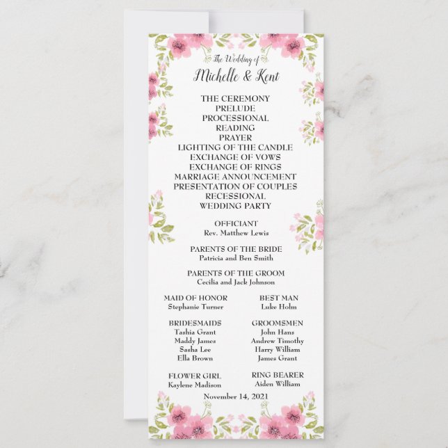 Aquarelle rose Anémone Mariage Programme & Menu (Devant)