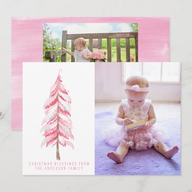 Aquarelle rose Arbre de Noël Carte photo (Devant / Derrière)