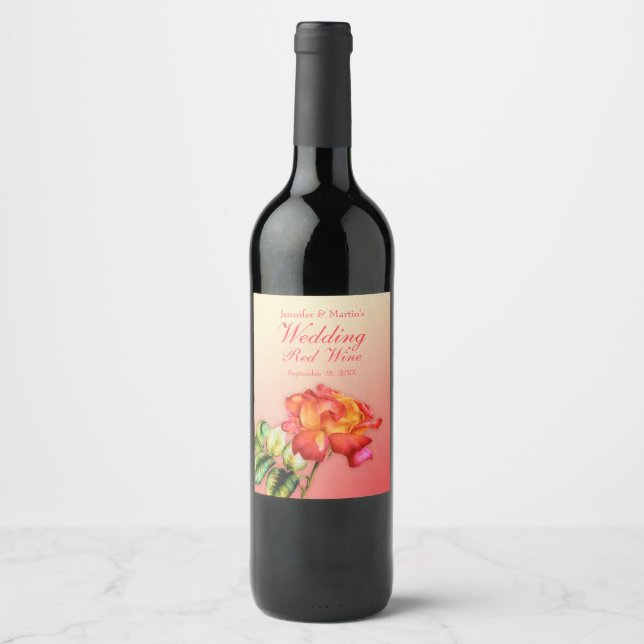 Aquarelle rose art vin rouge mariage étiquette (Devant)