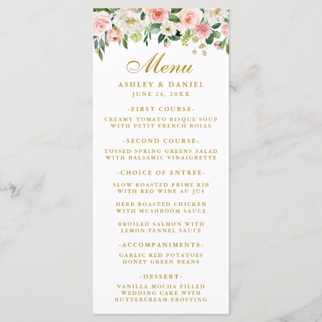 Aquarelle Rose Blanc Floral Mariage Gold Menu (Devant)