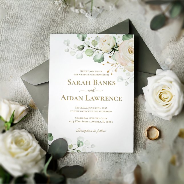 Aquarelle Rose blanche Faire-part de mariage flora (Créateur téléchargé)