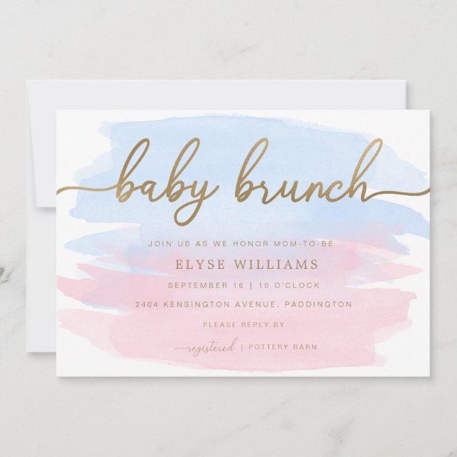 Aquarelle rose bleu or Bébé Brunch Invitation (Devant)
