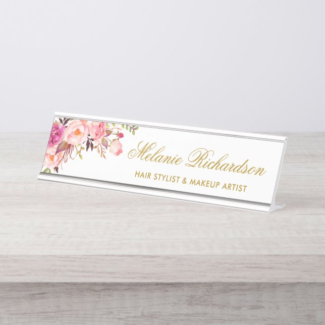 Aquarelle Rose Blush Floral Or Nom Plaque (Devant)