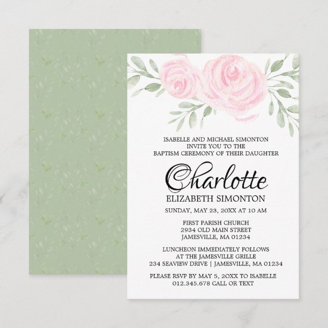 Aquarelle rose Blush Roses Baptême Invitation (Devant / Derrière)