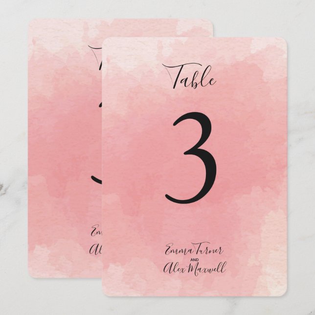 Aquarelle rose | Cartes de numéros de table (Devant / Derrière)