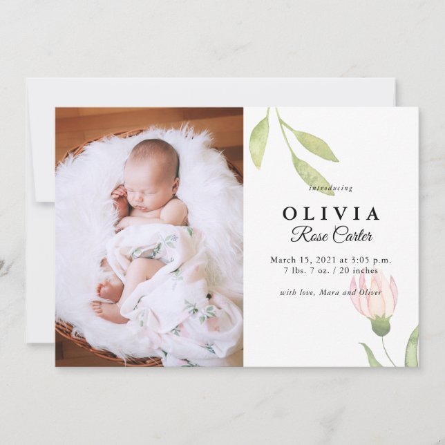Aquarelle rose chic Faire-part de naissance floral (Devant)