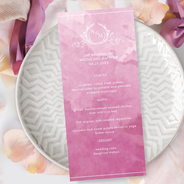 Aquarelle rose Chic Mauve, Menu Mariage Monogramme (Créateur téléchargé)