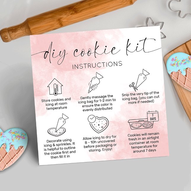 Aquarelle rose Cookie Décor Kit Cartes de soins (DIY cookie decorating kit care cards with icons, pink watercolor background and space for your logo)