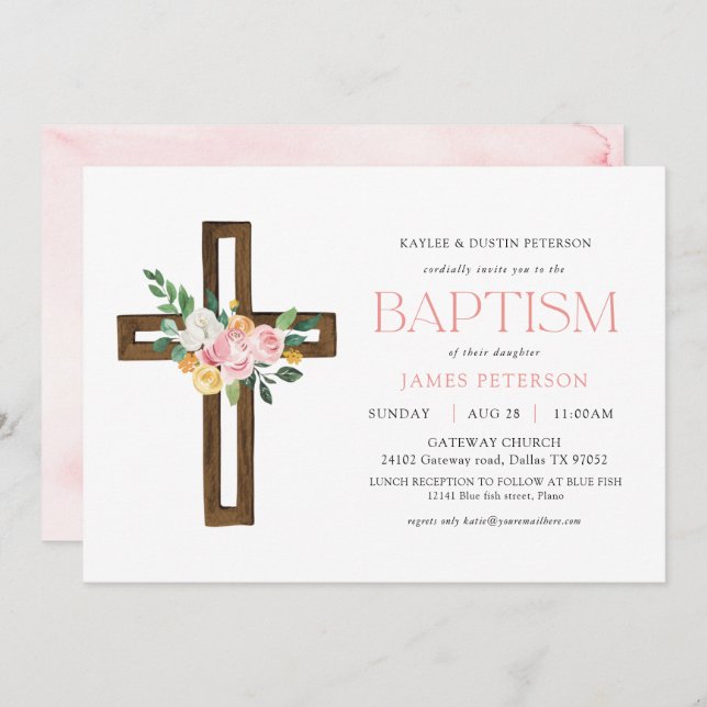 Aquarelle rose Croix Baptême floral Invitation (Devant / Derrière)