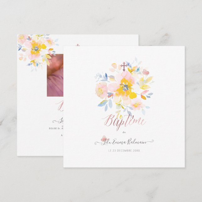 Aquarelle Rose de Jardin Faire-part de Baptême (Devant / Derrière)
