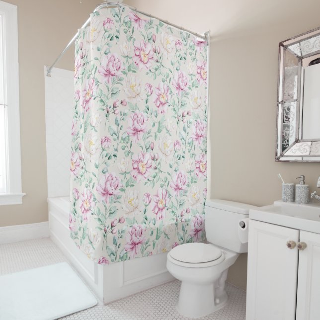 aquarelle rose élégant rideau de douche fleurie (En situation)
