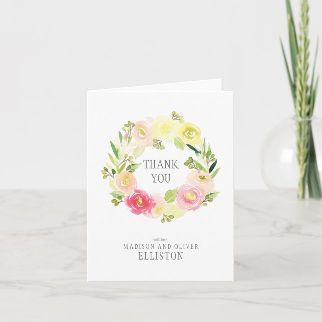 Aquarelle rose et jaune couronne florale | Merci (Devant)