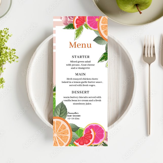 Aquarelle rose et orange Tropical Citrus Cute Menu (Créateur téléchargé)