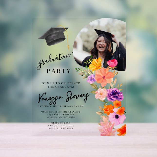 Aquarelle rose et violet Floral Photo Graduation (Neutre)