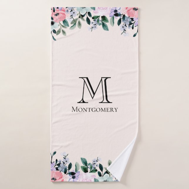 Aquarelle rose et violet Monogramme de bordure flo (Serviette de bain)