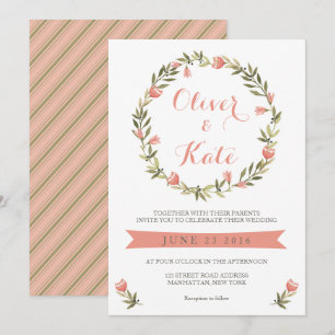 Aquarelle rose Faire-part de mariage de couronne d