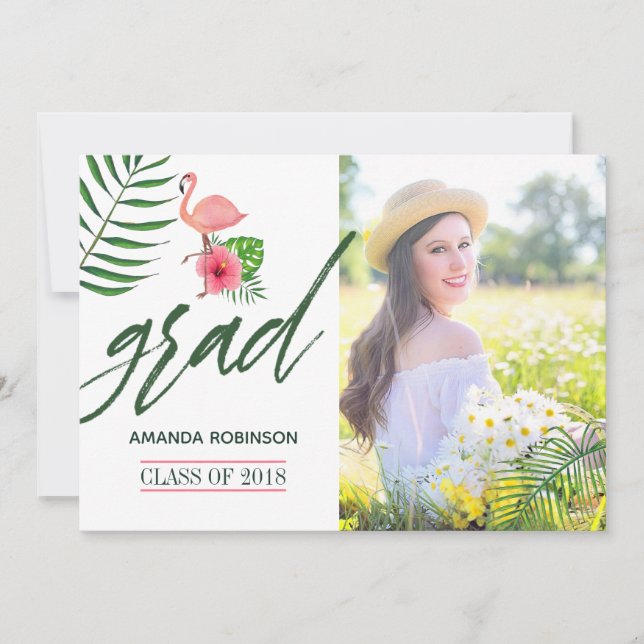 Aquarelle rose Flamant rose Luau Grad Faire-part (Devant)