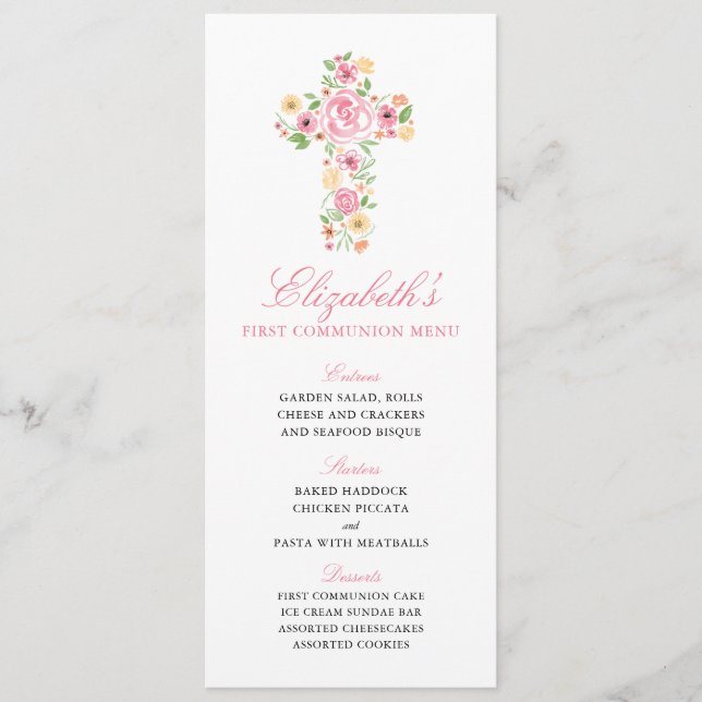 Aquarelle rose Fleur Croix Menu Première Communion (Devant)