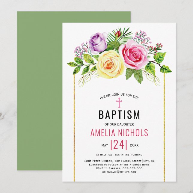 Aquarelle rose fleuri mariage Baptême Invitation (Devant / Derrière)