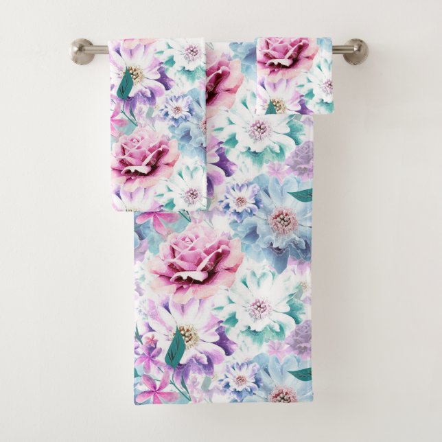 Aquarelle rose, fleurs bleues. (En situation)