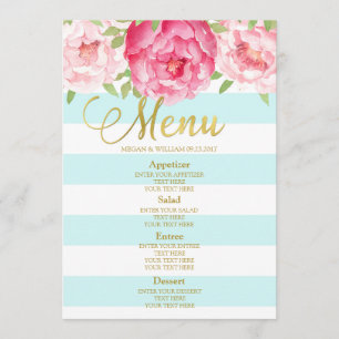 Aquarelle rose Floral Blue Stripes Menu Mariage