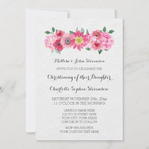 Aquarelle rose Floral Christening Invitation