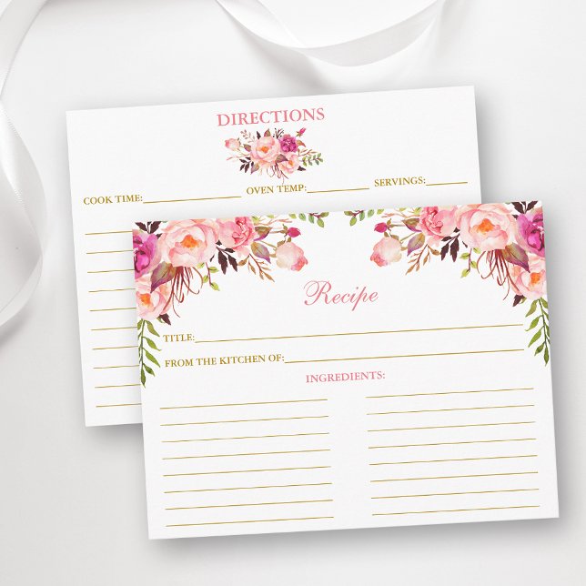 Aquarelle rose Floral Douche Recette Carte Or (Customize to change text color, size or text style.)