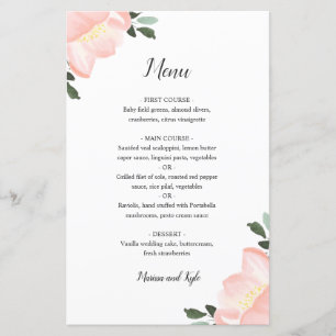 Aquarelle rose Floral Elégant Mariage Menu