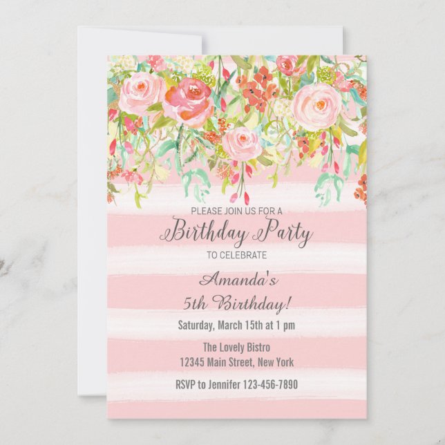 Aquarelle rose Floral Invitation Anniversaire (Devant)