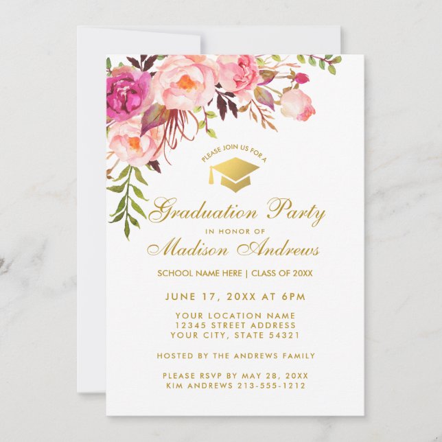 Aquarelle rose Floral Invitation G (Devant)