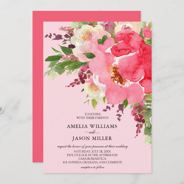 Aquarelle rose Floral Invitations de mariage (Devant / Derrière)