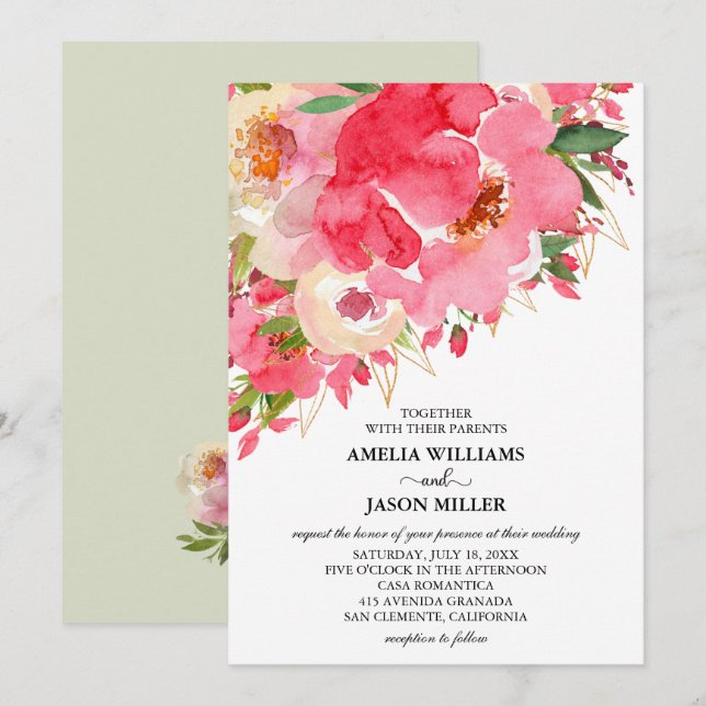 Aquarelle rose Floral Invitations de mariage (Devant / Derrière)