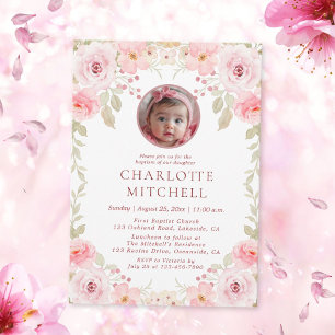 Aquarelle rose floral photo Baptême Invitation