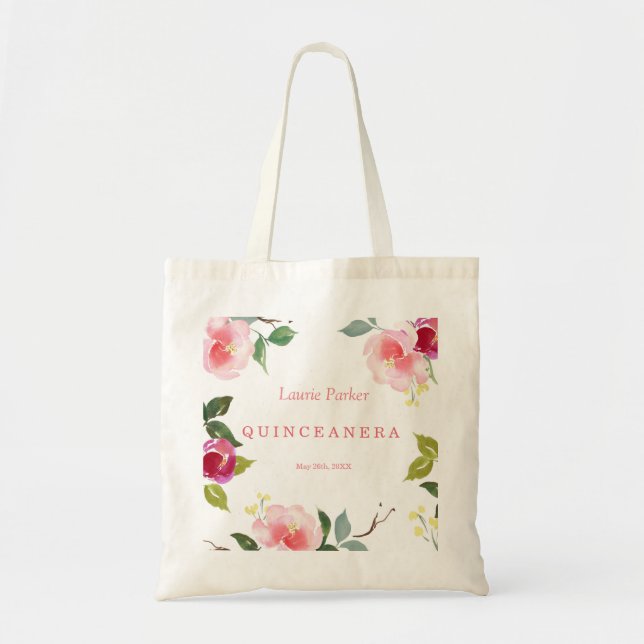 Aquarelle rose Florale Quinceanera Sac fourre-tout (Devant)