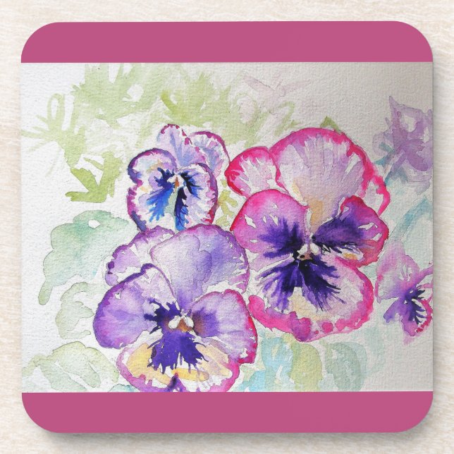 Aquarelle rose foncé Dessous de verre fleuris (Devant)