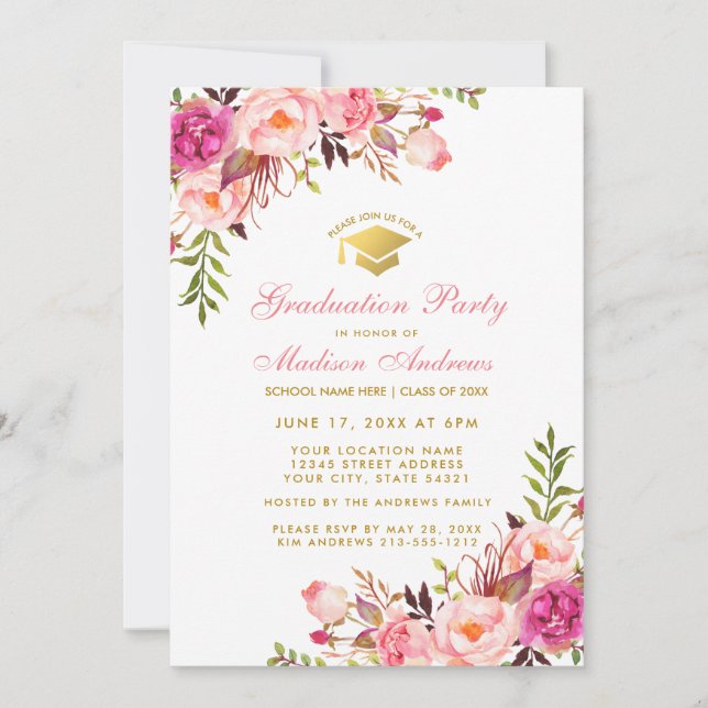 Aquarelle rose Gold Invitation de la partie de gra (Devant)