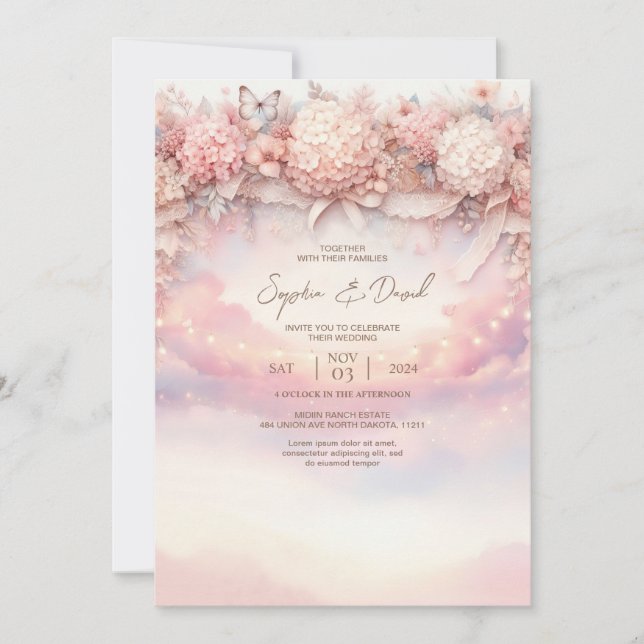 Aquarelle rose Hydrangea Faire-part de mariage (Devant)