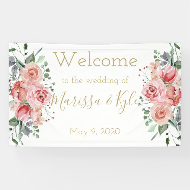 Aquarelle Rose Jardin Mariage Bannière de bienvenu (Horizontal)