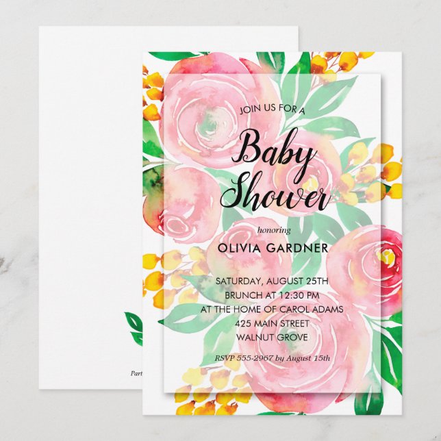 Aquarelle rose jaune Baby shower Floral Invitation (Devant / Derrière)