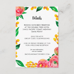 Aquarelle rose jaune Floral Carte d'information de