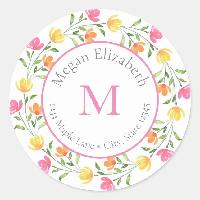 Aquarelle rose jaune orange étiquette de couronnes (Devant)