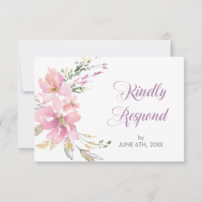 Aquarelle rose Lavande Mariage floral RSVP (Devant)