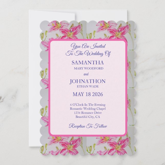 Aquarelle rose Lily Faire-part de mariage (Devant)