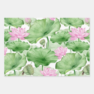 Aquarelle rose Lotus Fleurs avec grands Feuilles