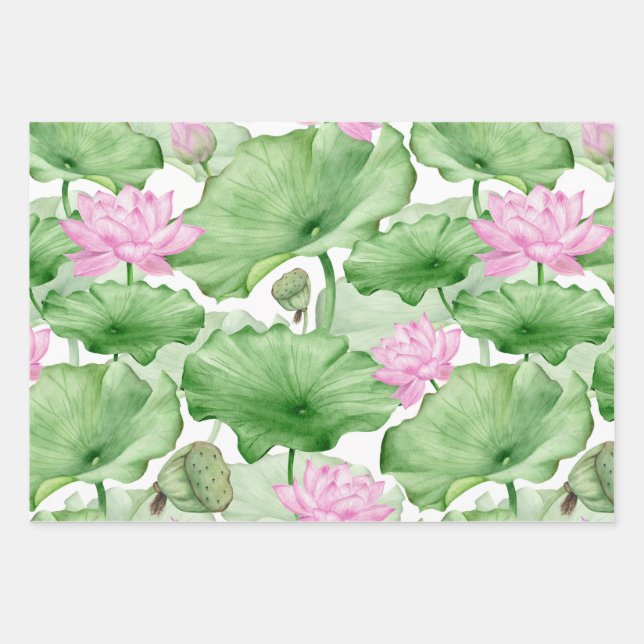 Aquarelle rose Lotus Fleurs avec grands Feuilles (Devant)