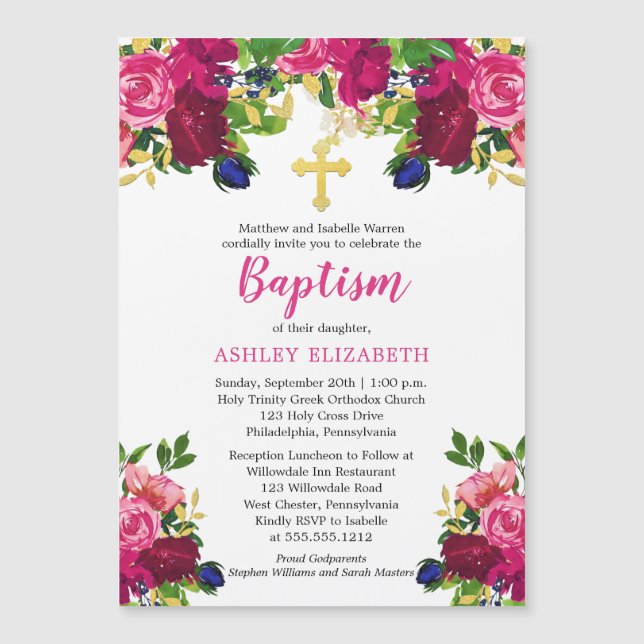 Aquarelle rose magenta Baptême floral Invitation (Devant)