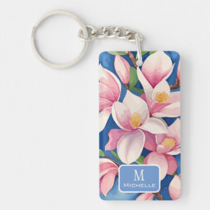 Aquarelle rose Magnolia Botanique bleu Monogramme