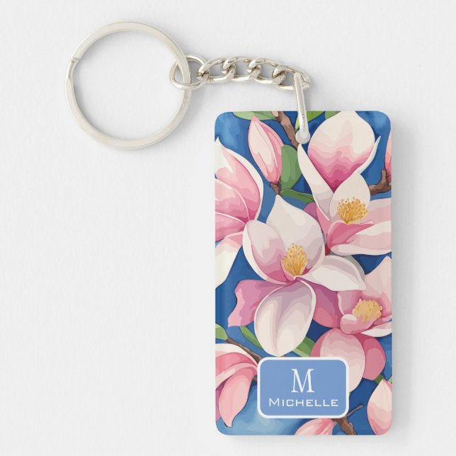 Aquarelle rose Magnolia Botanique bleu Monogramme (Devant)