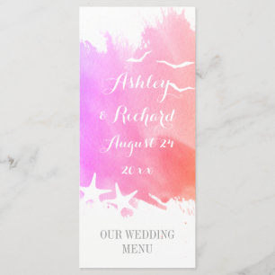 Aquarelle rose, menu mariage de plage d'étoiles de
