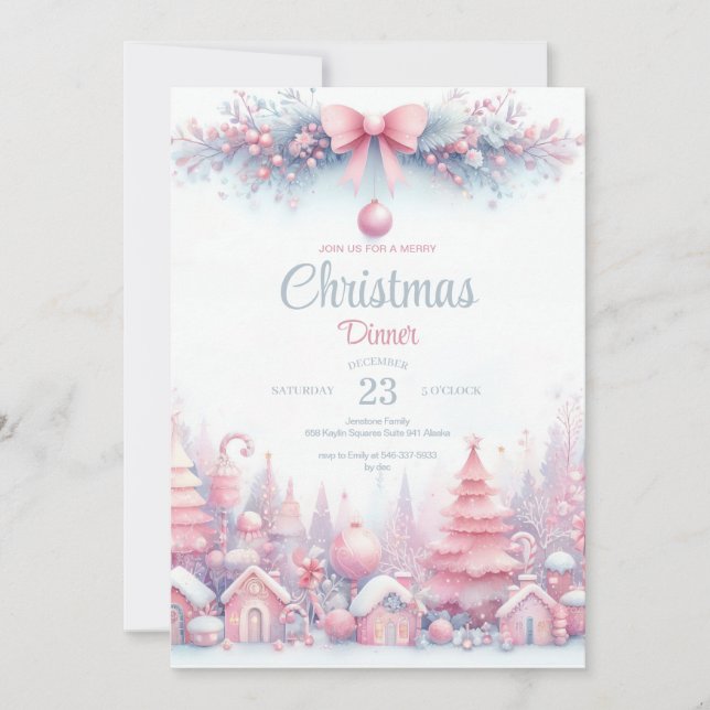 Aquarelle rose Noël Dîner Invitation (Devant)